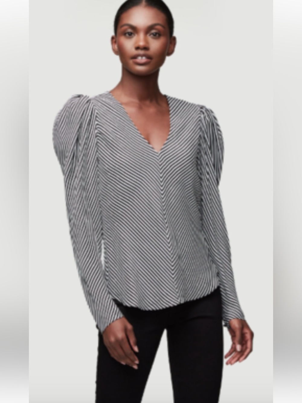 Frame 100% Silk V-Neck Puff Sleeve Striped Blouse Black & White Noir Size S